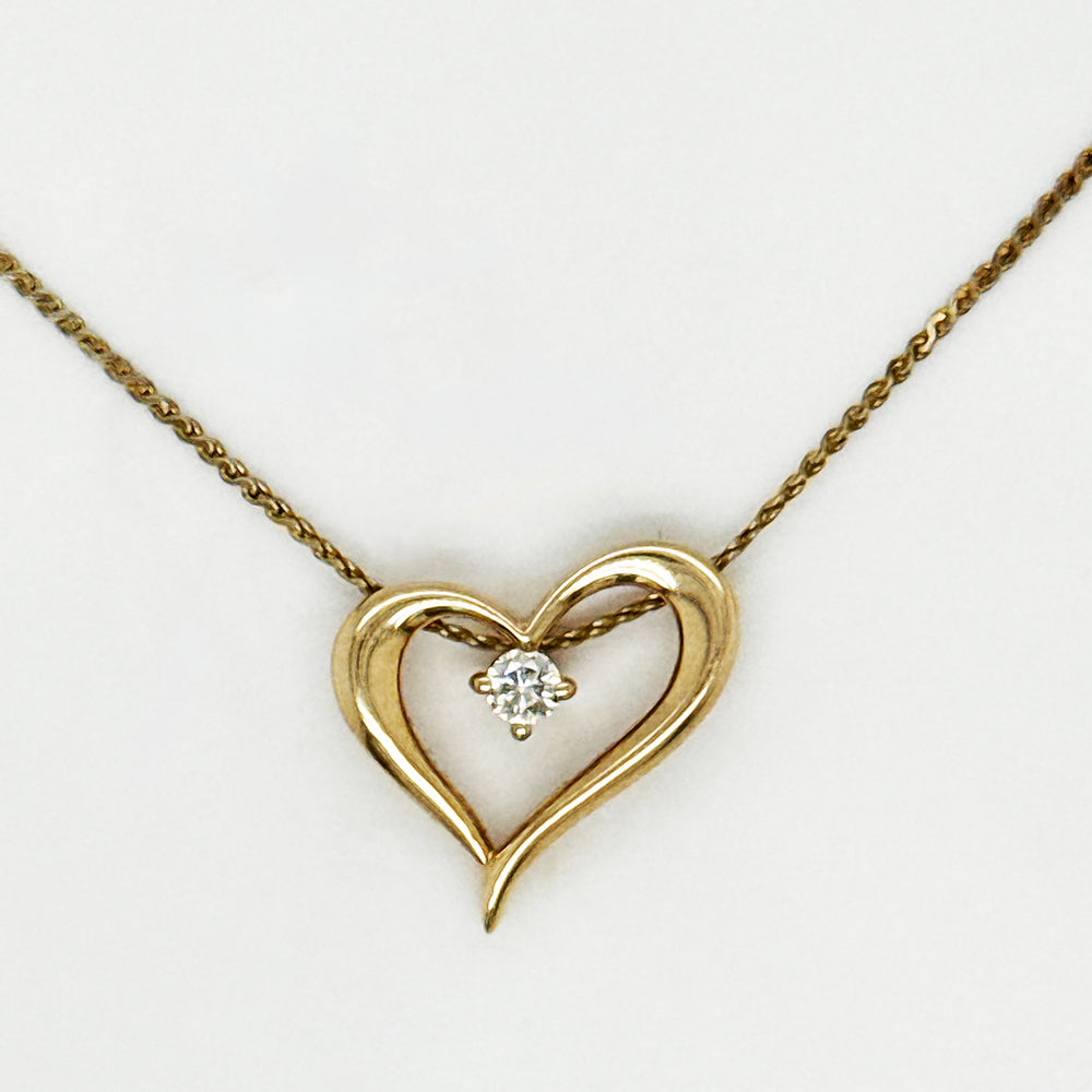 9K Yellow Gold Open Heart Diamond Pendant Necklace