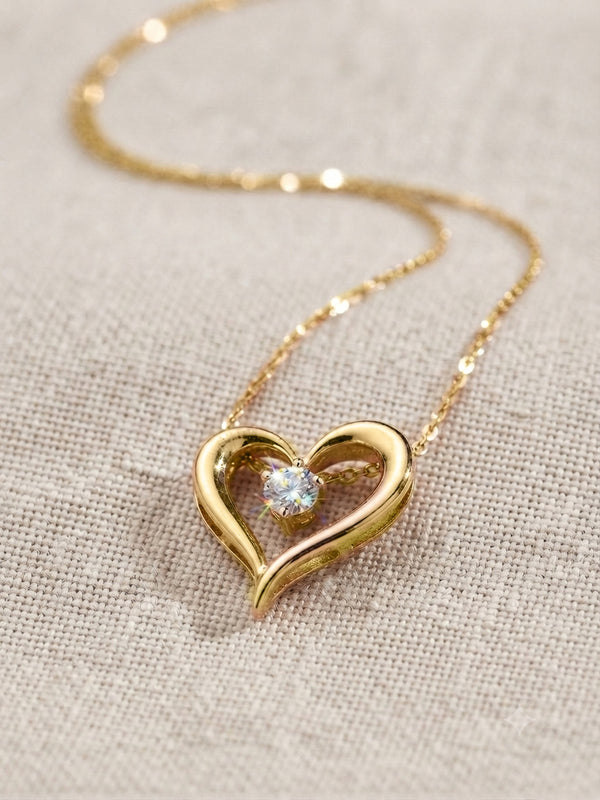 9K Yellow Gold Open Heart Diamond Pendant Necklace