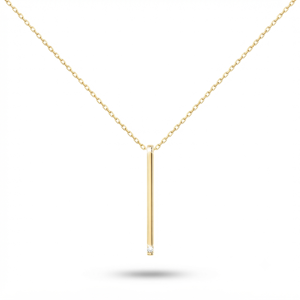 9K Yellow Gold Vertical Bar Pendant Necklace with Diamond Accent