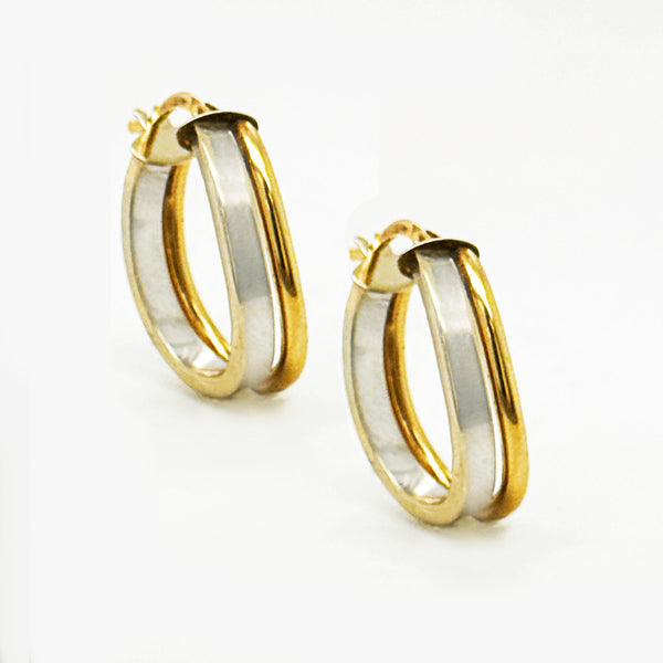 9K Yellow & White Gold Two-Tone Oval Hoop Earrings