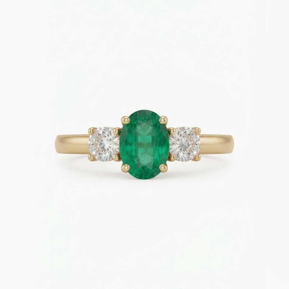 9K Yellow Gold Three-Stone Emerald & Diamond Ring