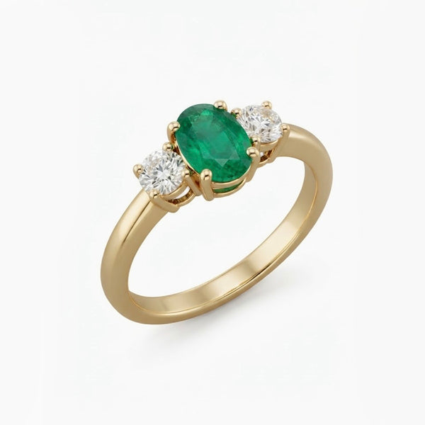 9K Yellow Gold Three-Stone Emerald & Diamond Ring