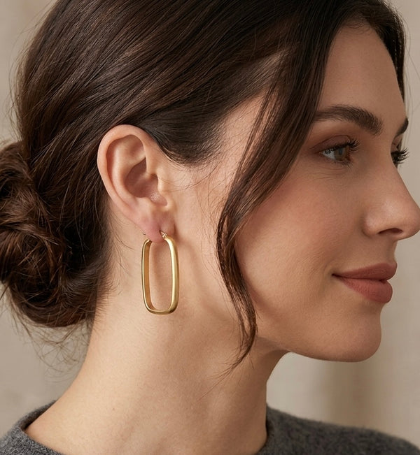 9K Yellow Gold Large Rectangular Hoop Earrings