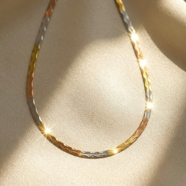 18K Tri-Color Gold Diamond-Cut Herringbone Chain Necklace