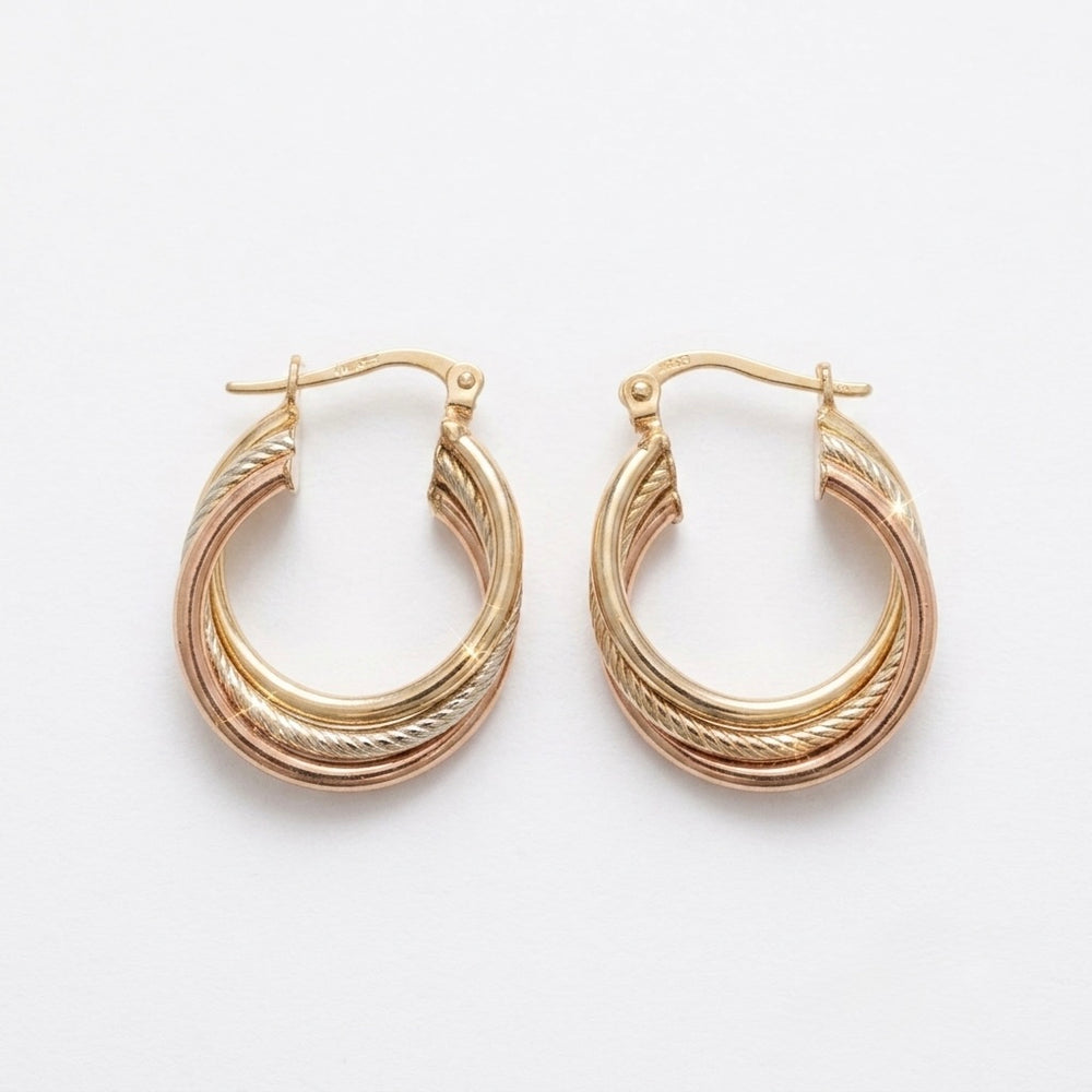 9K Yellow Gold Tricolor Interwined Hoop Earrings
