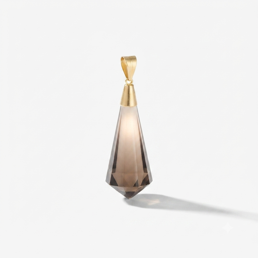 9K Yellow Gold Smokey Quartz Crystal Obelisk Drop Pendant