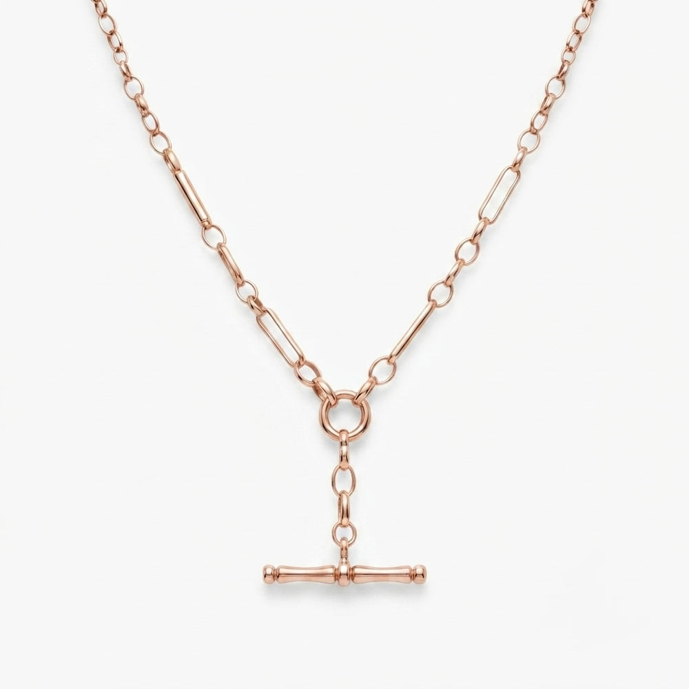 9K Gold Rose Gold T-Bar Albert Chain Necklace 18"