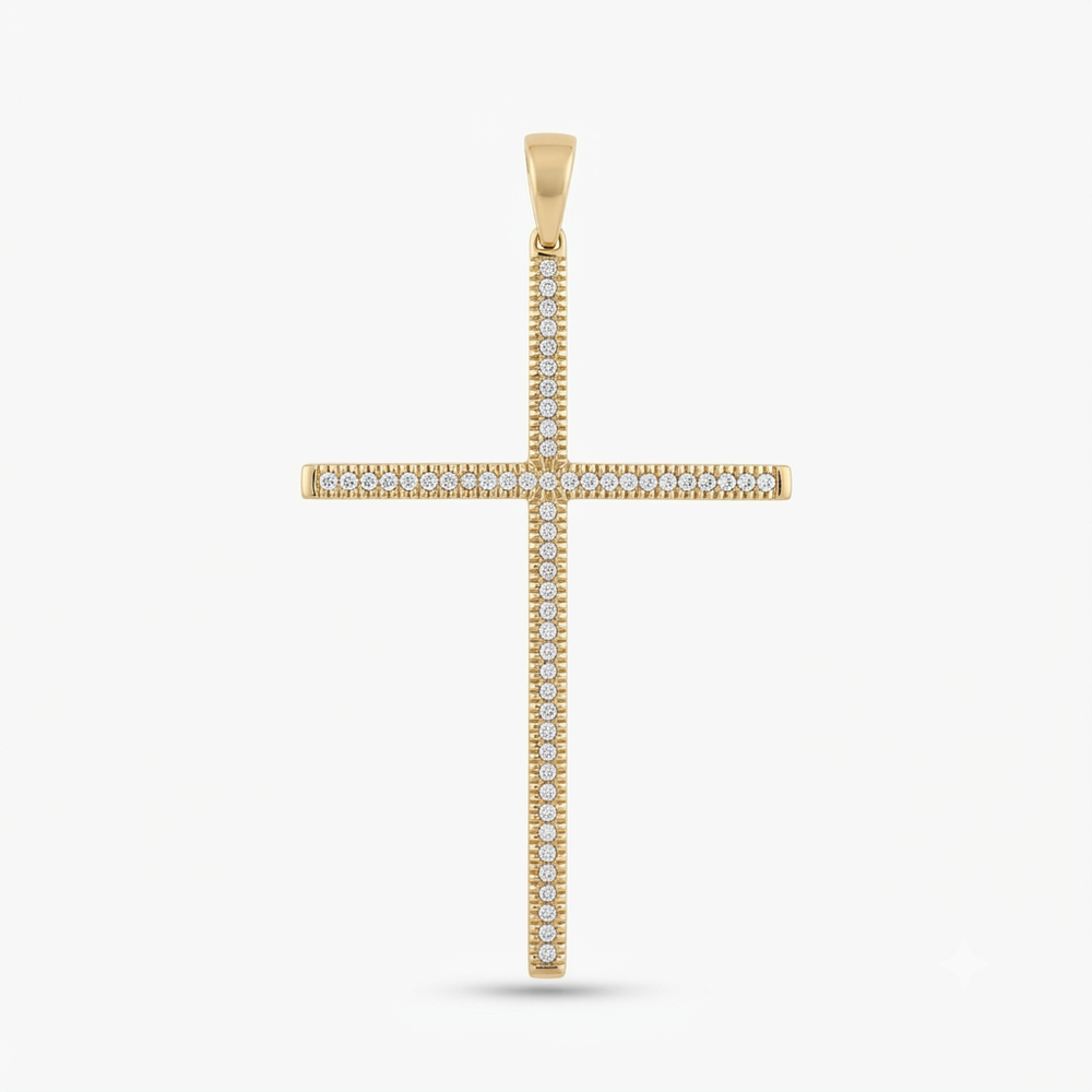 9K Yellow Gold Diamond-Set Slim Cross Pendant