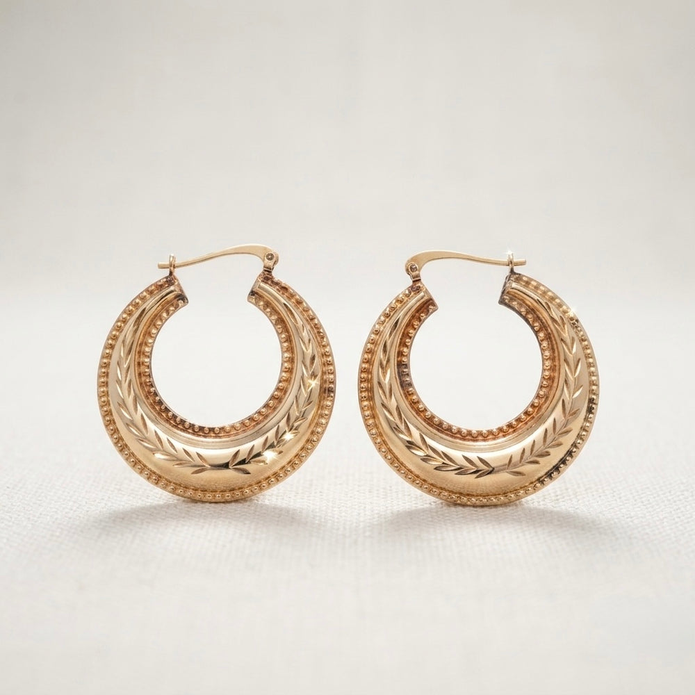 9K Yellow Gold Engraved Hoop Earrings