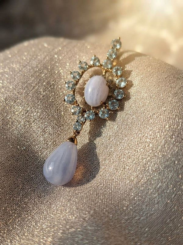9K Yellow Gold Vintage Blue Lace Agate Drop Pendant