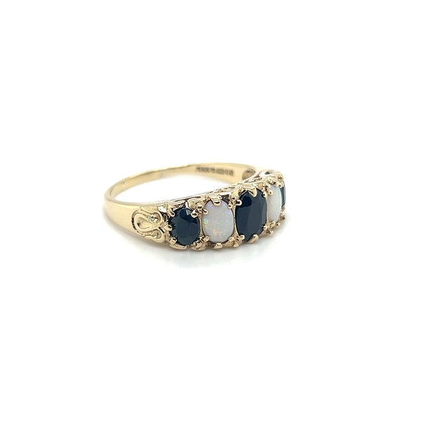 Oval Shaped Sapphire and Opal Vintage Dress Ring in 9ct Yellow Gold