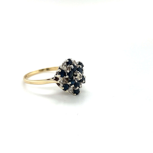 Vintage Round Shaped Sapphire and Diamond Cluster Dress Ring in 9ct Yellow Gold