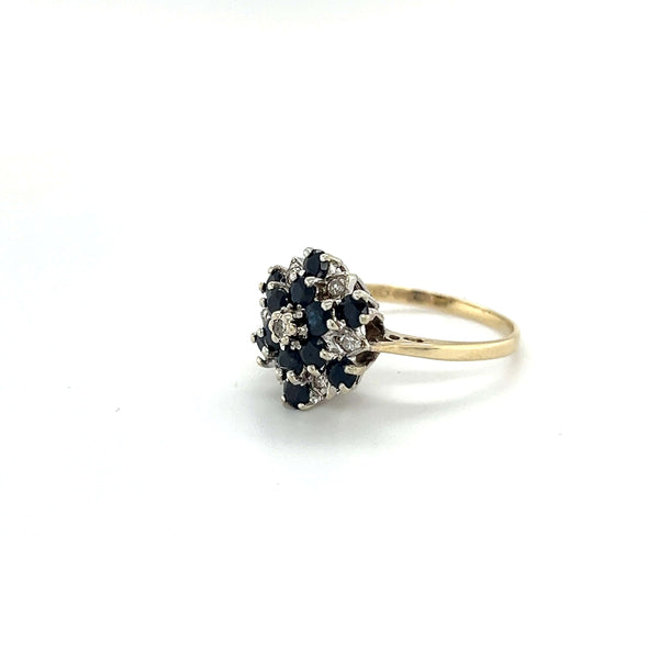 Vintage Round Shaped Sapphire and Diamond Cluster Dress Ring in 9ct Yellow Gold