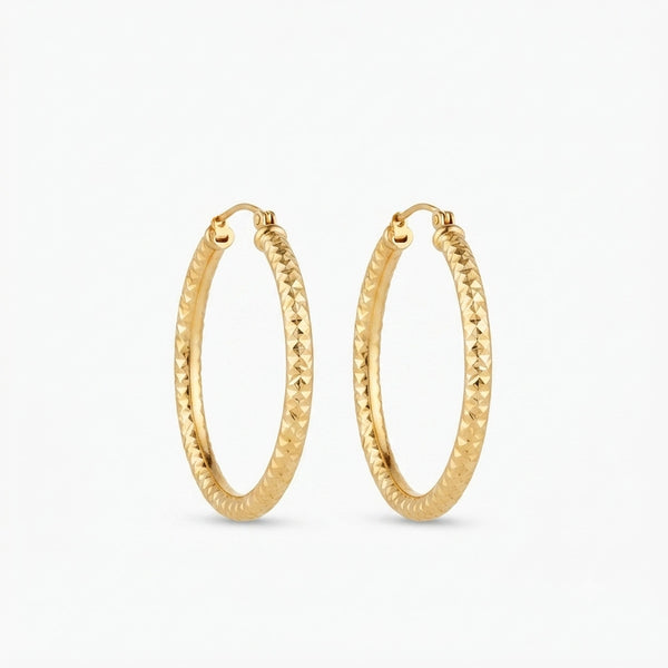 9K Yellow Gold Diamond Cut Hoop Earrings