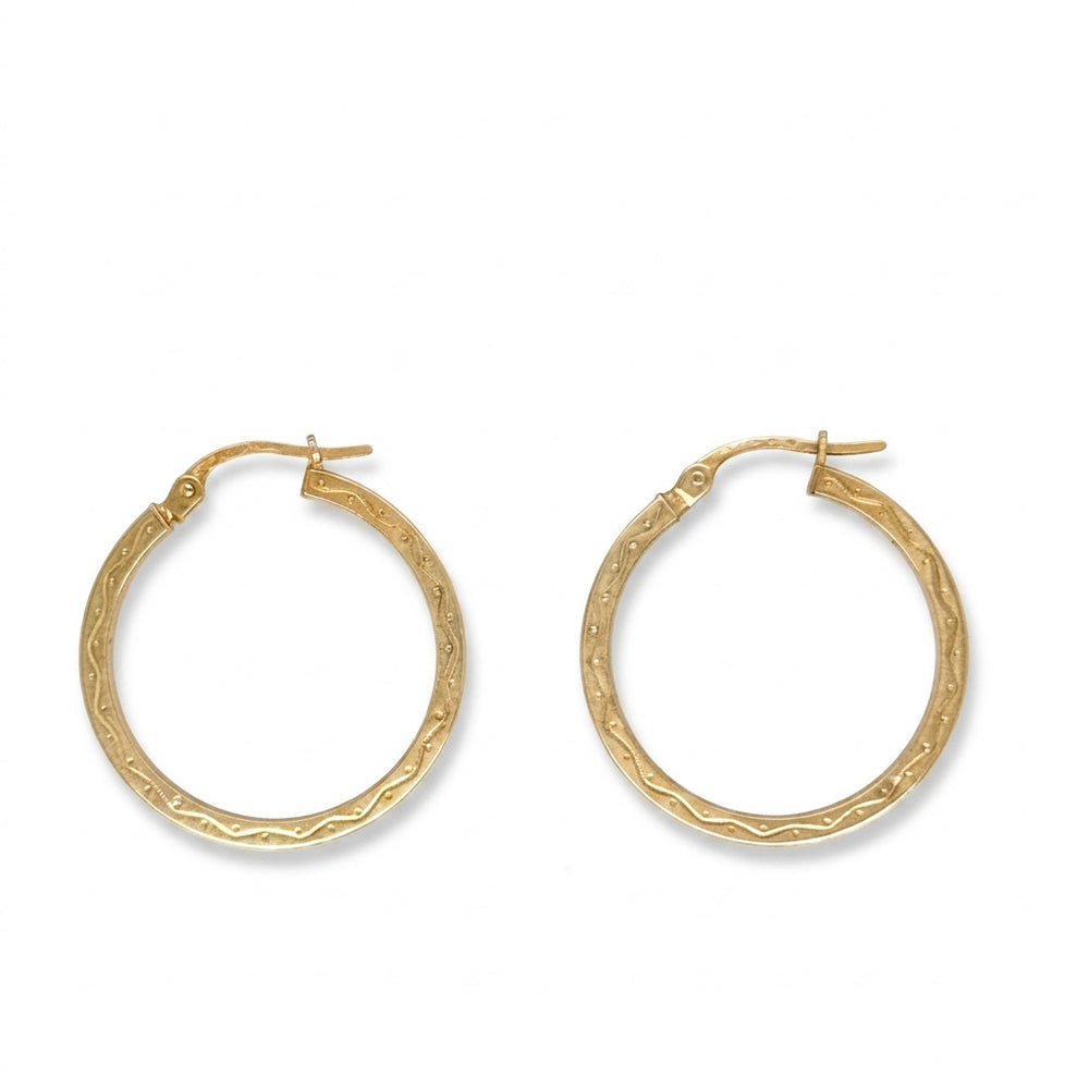 9K Yellow Gold Patterned Engraved Hoop Earrings