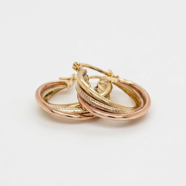 9K Yellow Gold Tricolor Interwined Hoop Earrings