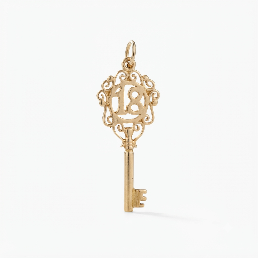 9K Yellow Gold Vintage 18th Birthday Key Pendant Charm