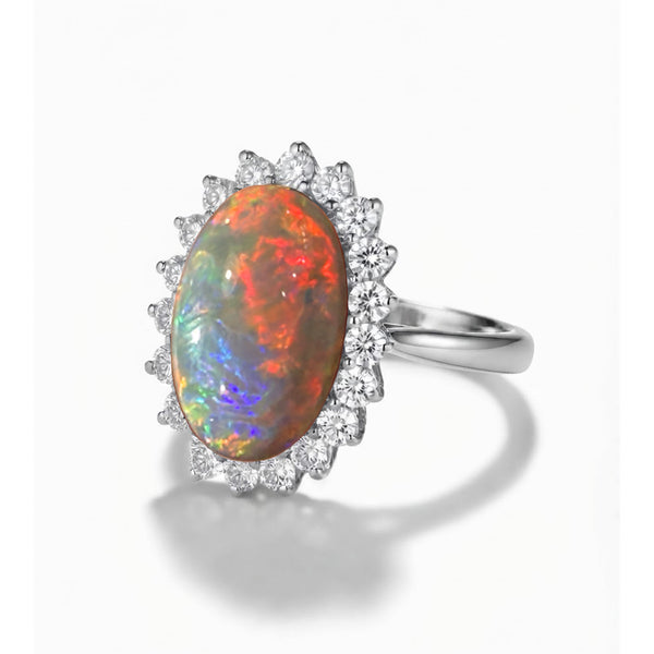 Platinum Fire Opal & Diamond Halo Ring in Platinum