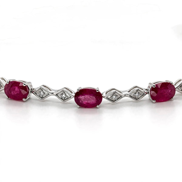 9K White Gold Oval Ruby & Diamond Rhombus Link Bracelet