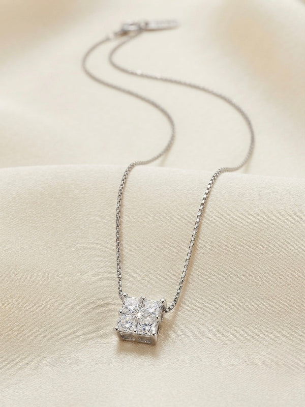 14K White Gold Princess-Cut Cluster Diamond Pendant Necklace