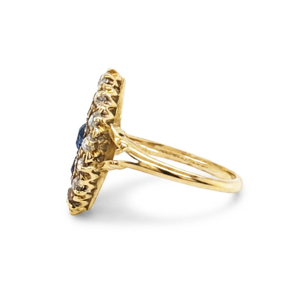 A Victorian Style Blue Sapphire and Diamond Marquise Shaped Cluster Ring