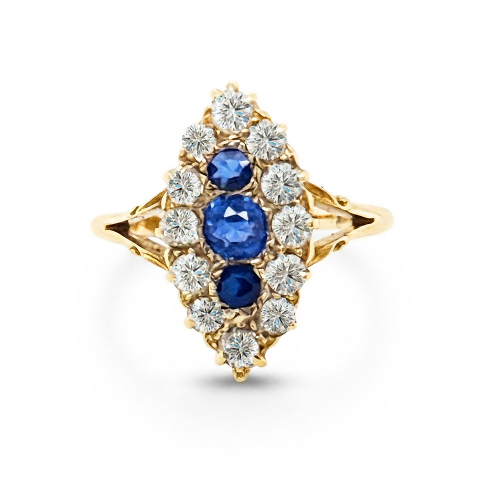 A Victorian Style Blue Sapphire and Diamond Marquise Shaped Cluster Ring