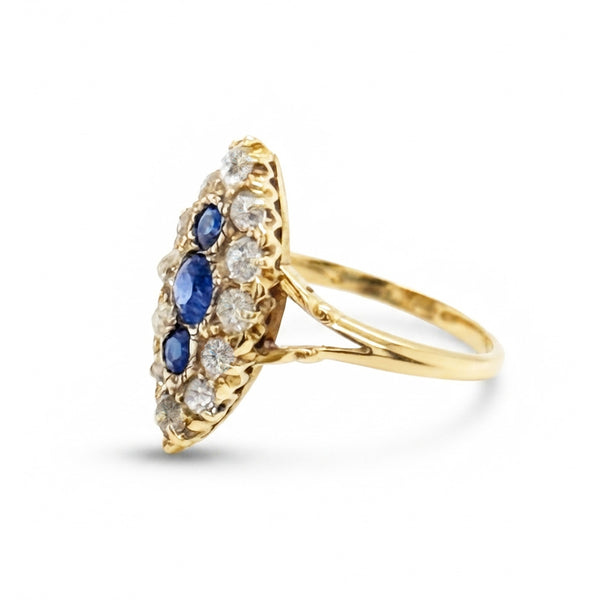 A Victorian Style Blue Sapphire and Diamond Marquise Shaped Cluster Ring