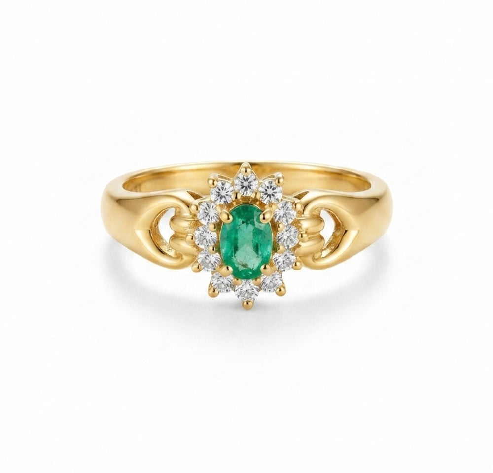 18K Yellow Gold Oval Emerald Diamond Cluster Ring