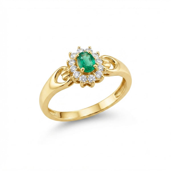 18K Yellow Gold Oval Emerald Diamond Cluster Ring