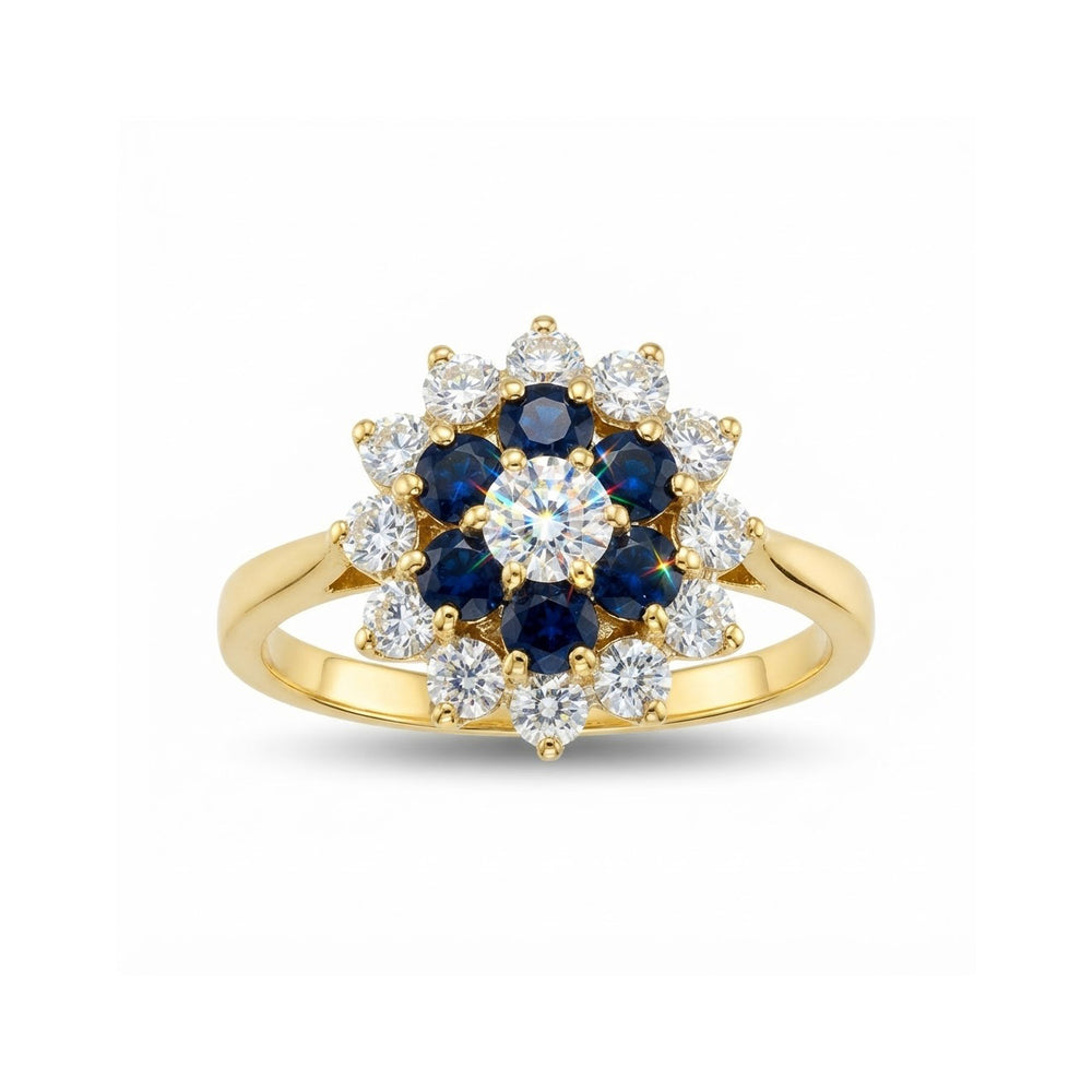 9K Yellow Gold Sapphire & Cubic Zirconia Double Cluster Ring