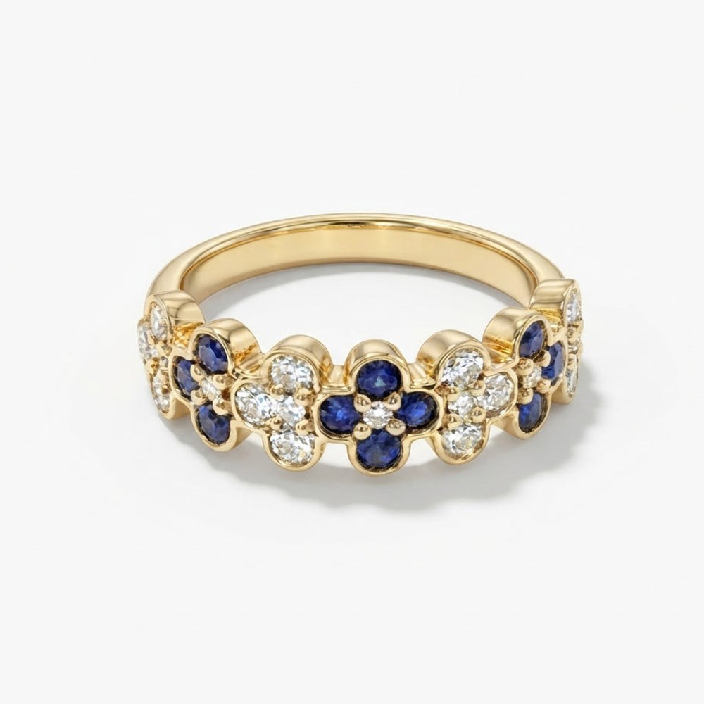 9K Yellow Gold Sapphire & Diamond Floral Band Ring