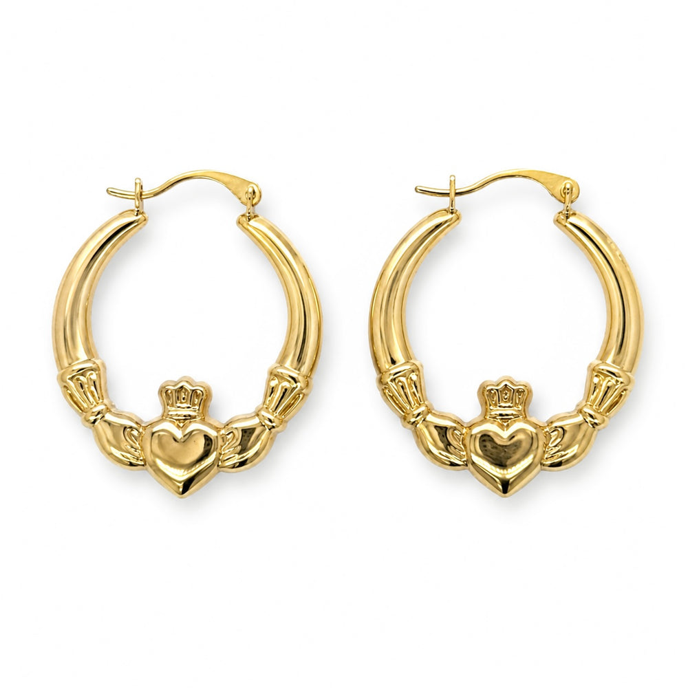9K Yellow Gold Claddagh Hoop Earrings