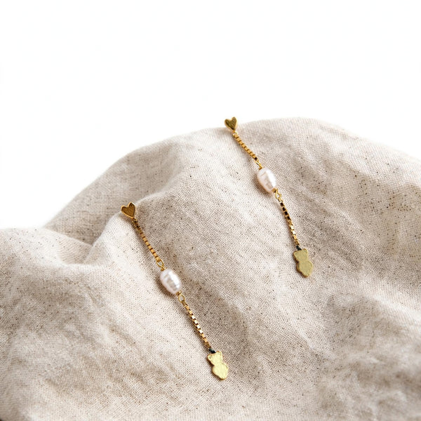 9K Yellow Gold and Pearl Heart Drop Earrings