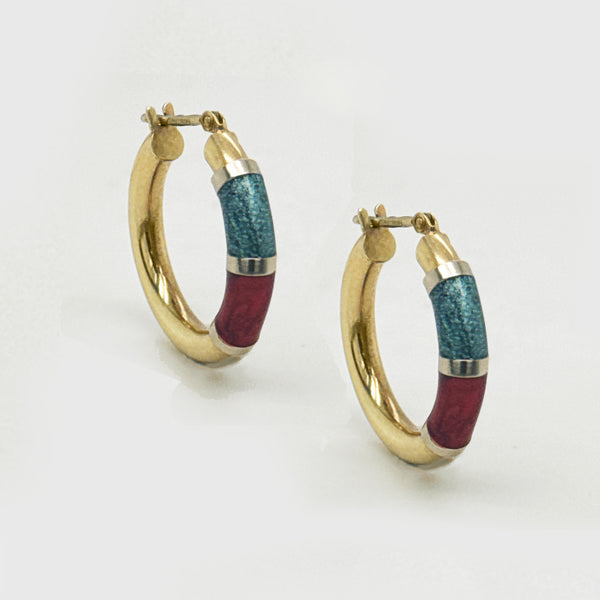 9K Yellow Gold Tricolour Enamel Hoop Earrings