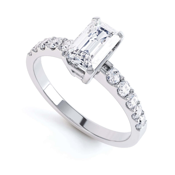 Emerald Cut Diamond Solitaire Engagement Ring With Diamond Shoulders