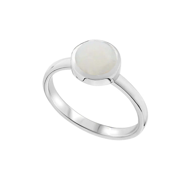 A minimalist white gold ring featuring a smooth round moonstone set in a sleek bezel setting, exuding elegance and simplicity against a plain background.
