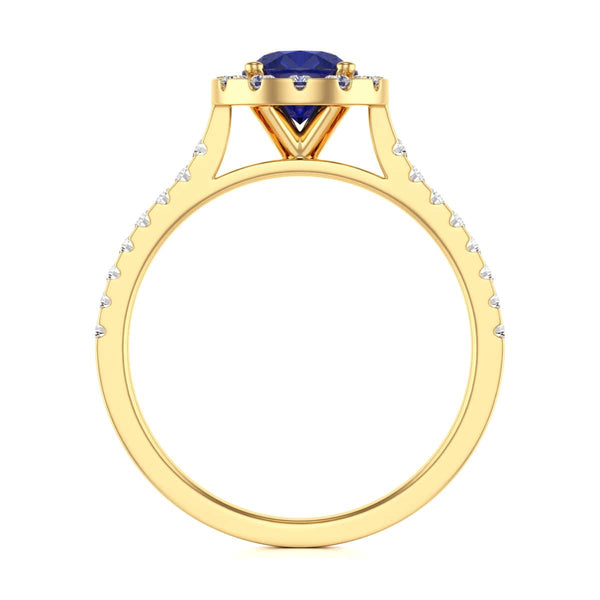 Elegant white gold ring in side profile, adorned with a central blue gemstone and small diamonds along the band, exuding sophistication and luxury.
