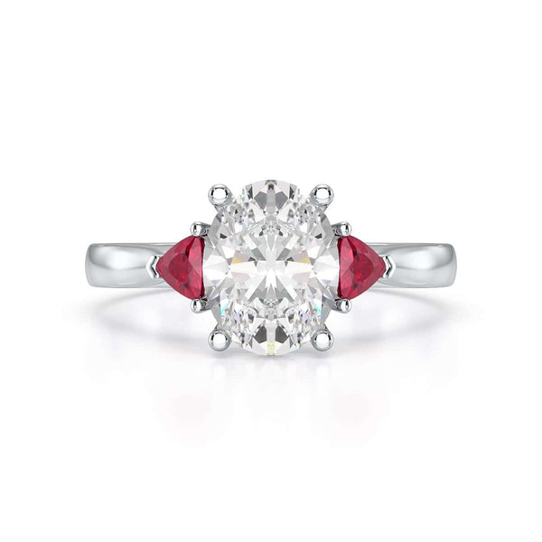 Oval trilogy engagement ring with trillion shape ruby