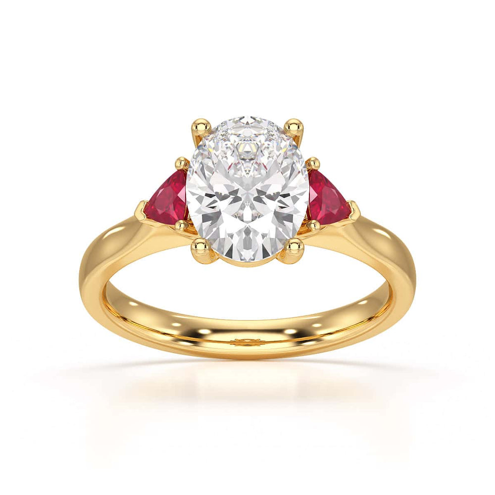 Oval trilogy engagement ring with trillion shape ruby