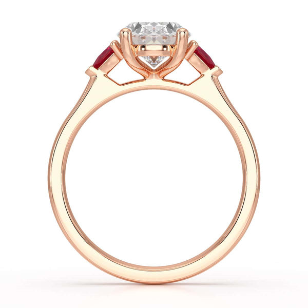 Oval trilogy engagement ring with trillion shape ruby
