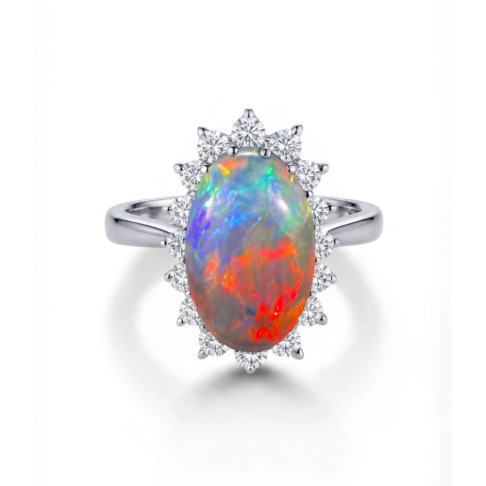 Platinum Fire Opal & Diamond Halo Ring in Platinum