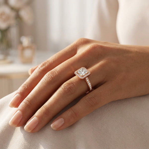 18ct Gold Princess Cut Halo Diamond Engagement Ring - Square Shape with Diamond Shoulders