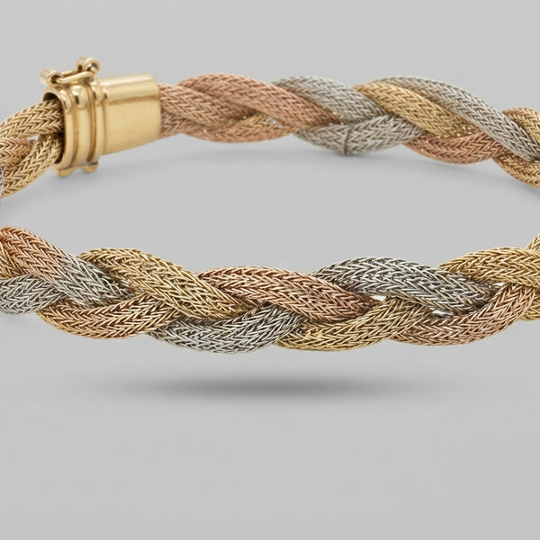 18K Tri-Colour Gold Plait Woven Mesh Bracelet 8''