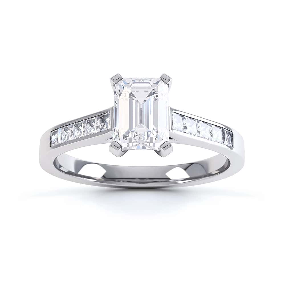 Emerald Cut Diamond Solitaire Engagement Ring With Diamond Shoulders