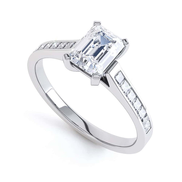 Emerald Cut Diamond Solitaire Engagement Ring with Diamond Shoulders