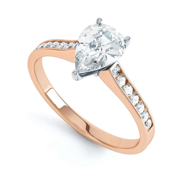 Diamond Engagement Ring- Pear Shaped, three claws Solitaire With Channel set