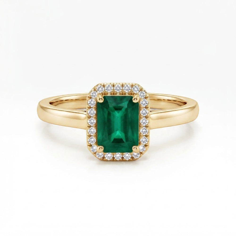 9K Yellow Gold Emerald-Cut Emerald & Diamond Halo Ring