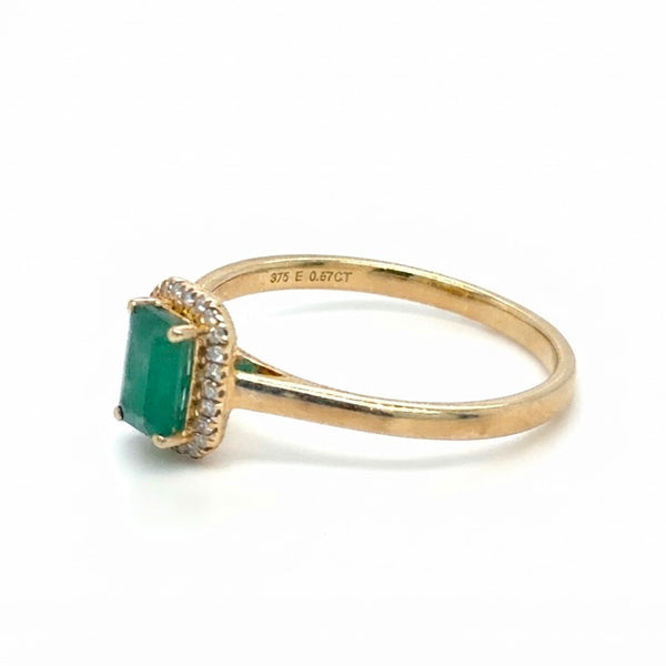 9K Yellow Gold Emerald-Cut Emerald & Diamond Halo Ring