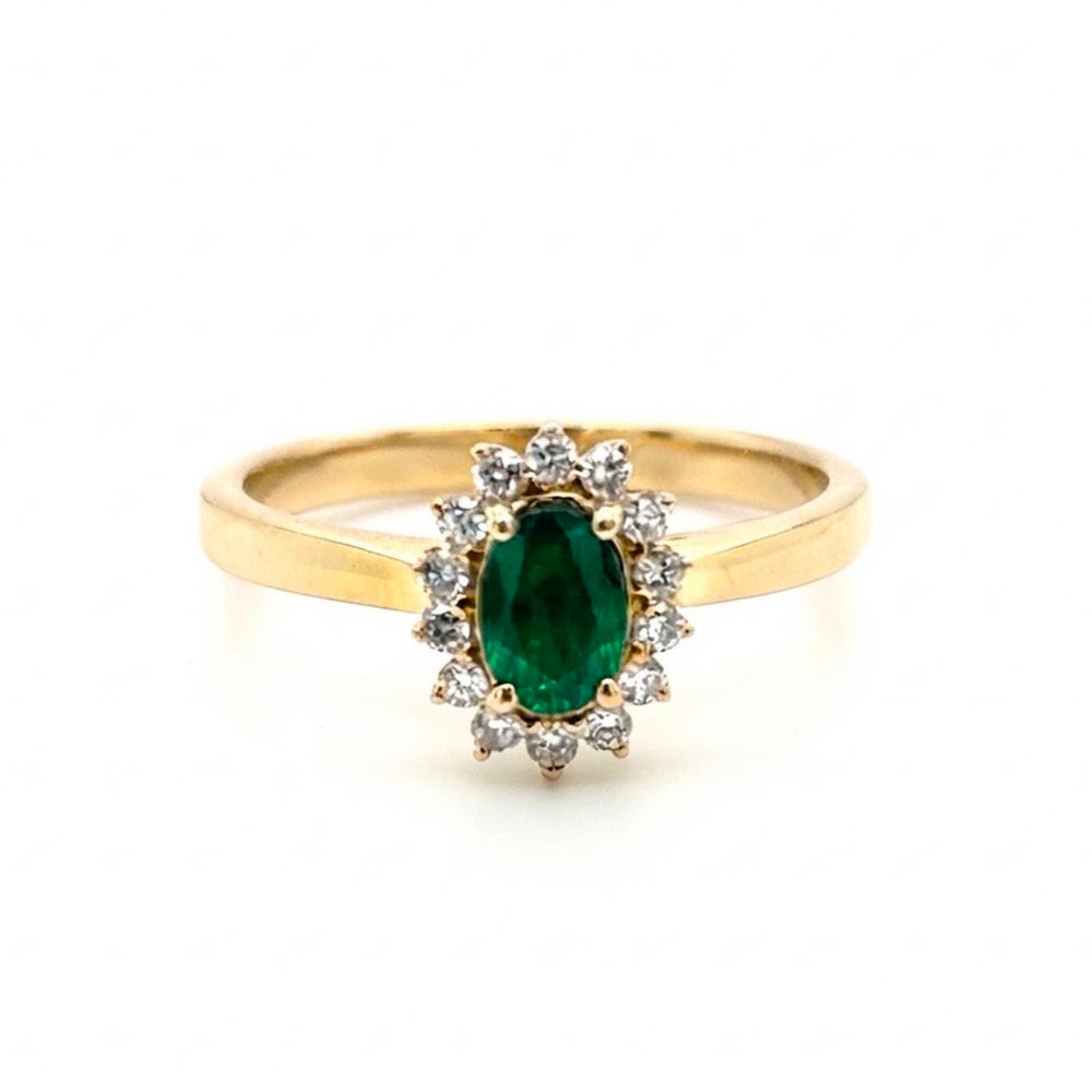 9K Yellow Gold Oval Emerald & Diamond Halo Ring