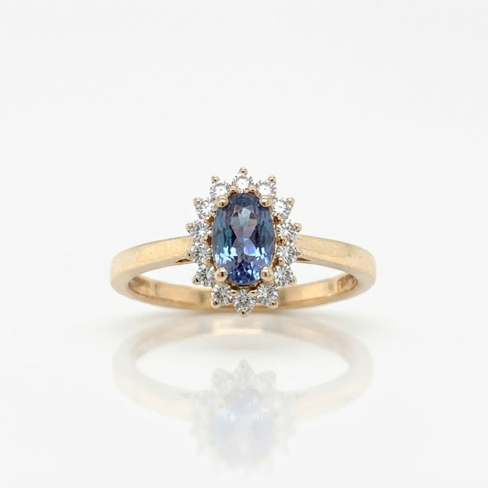 9K Yellow Gold Oval Sapphire & Diamond Halo Ring